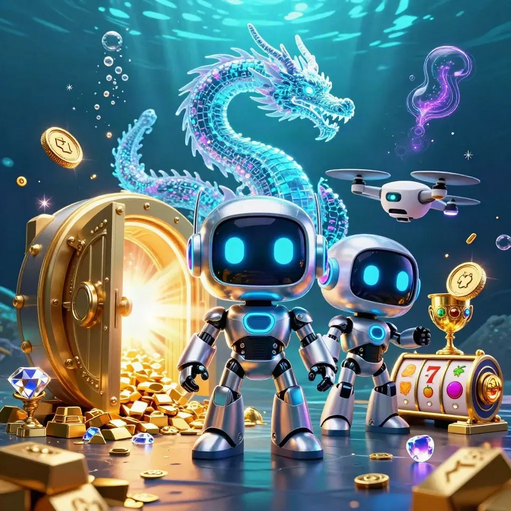 Robot, dragon and coin drone burst around a vault of gold underwater.