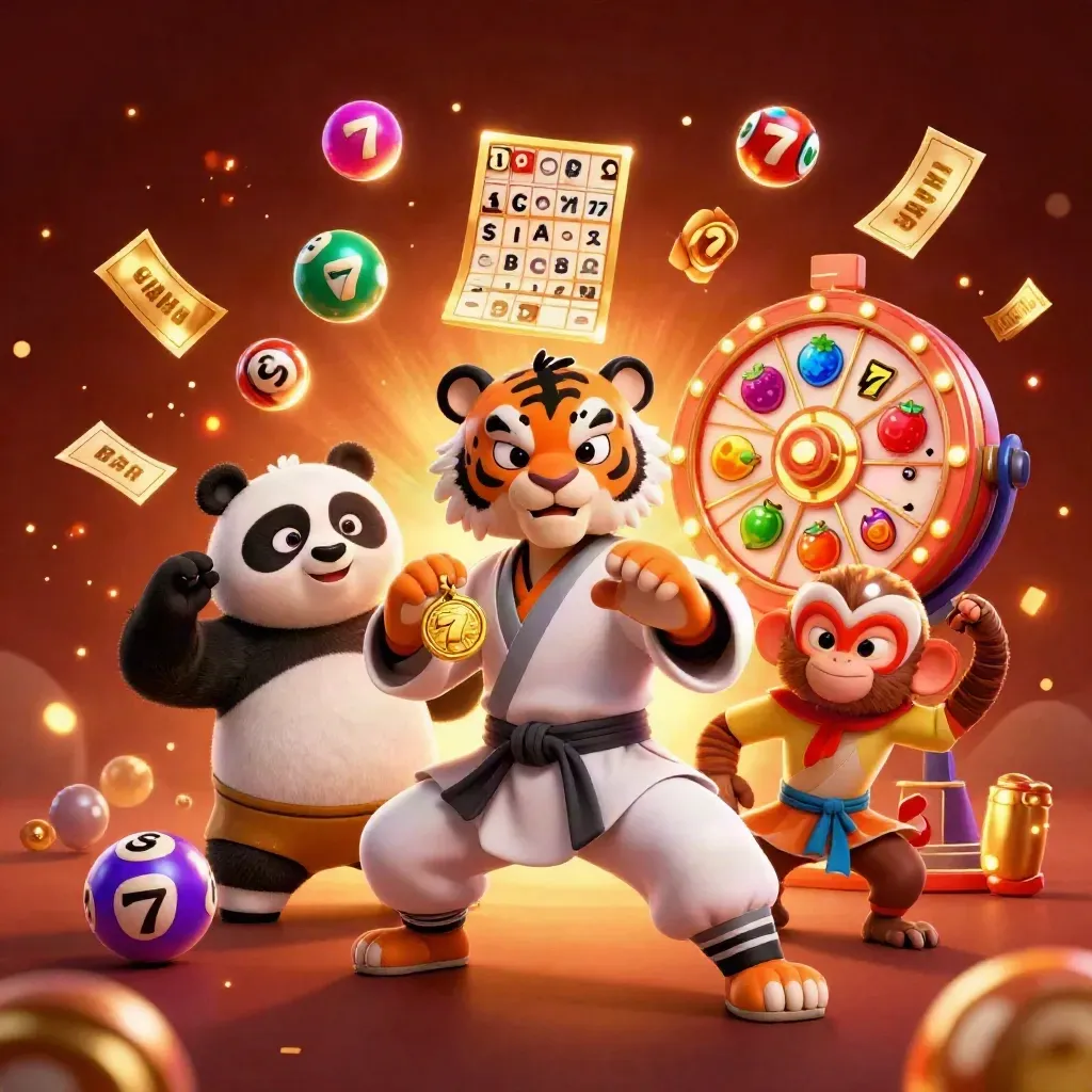 Kung-fu tiger, panda and monkey amid casino balls, reels and gold sparks on a dark regal glow.