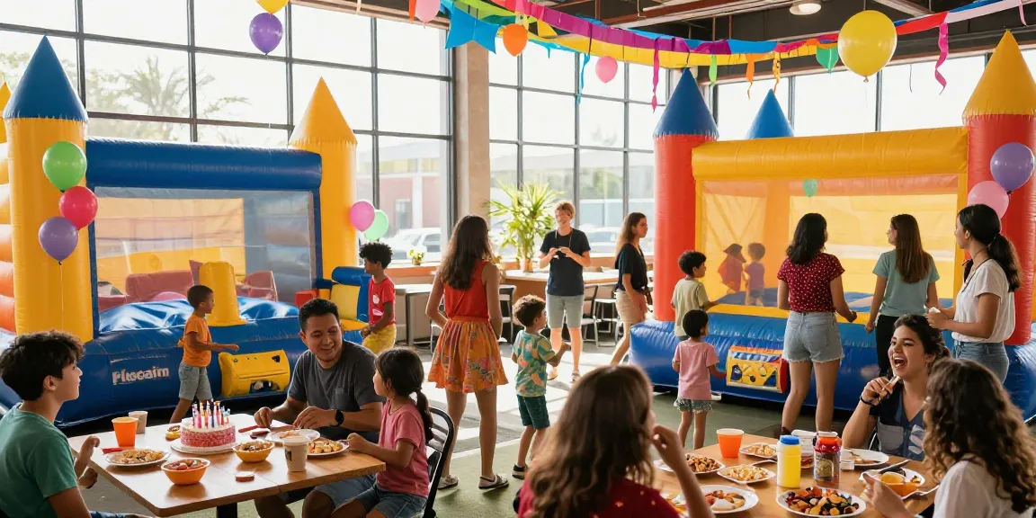 Exciting party atmosphere featuring bounce houses at https://123b.party/ with laughter and colorful decorations.