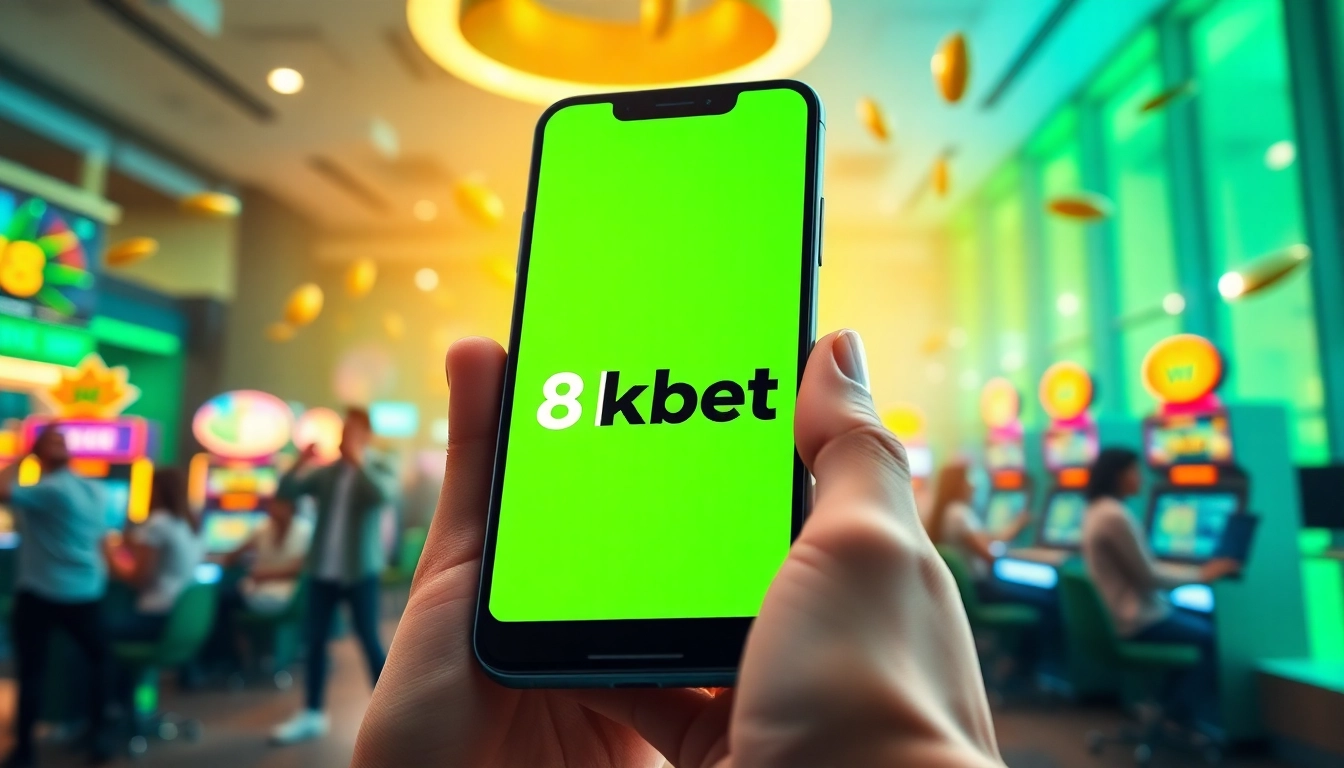 The 8kbet link displayed on a smartphone amidst vibrant betting graphics and excited users.