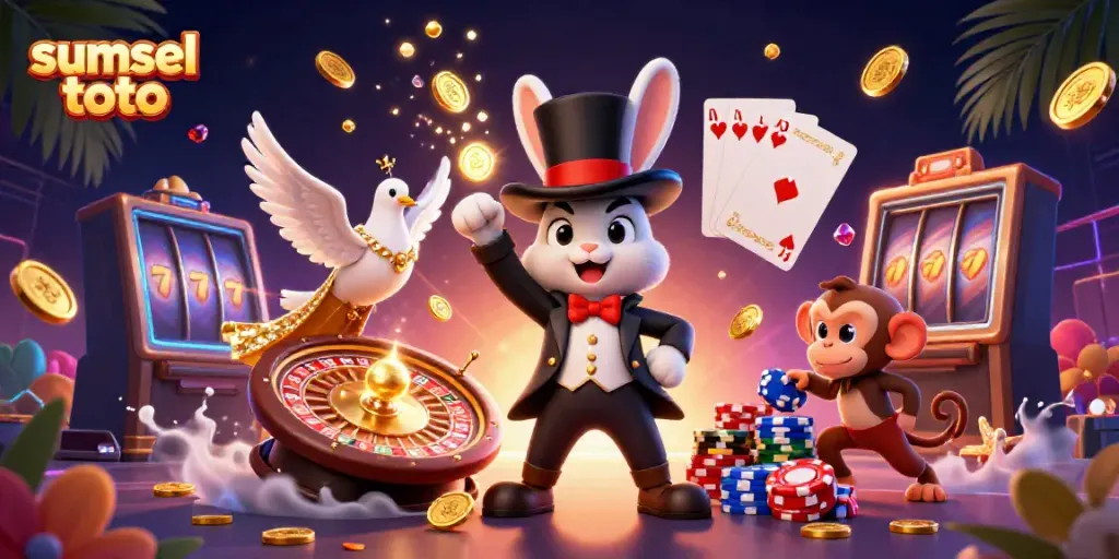 Experience the thrill of sumsel toto with a vibrant casino scene featuring a magician rabbit and a mischievous monkey.