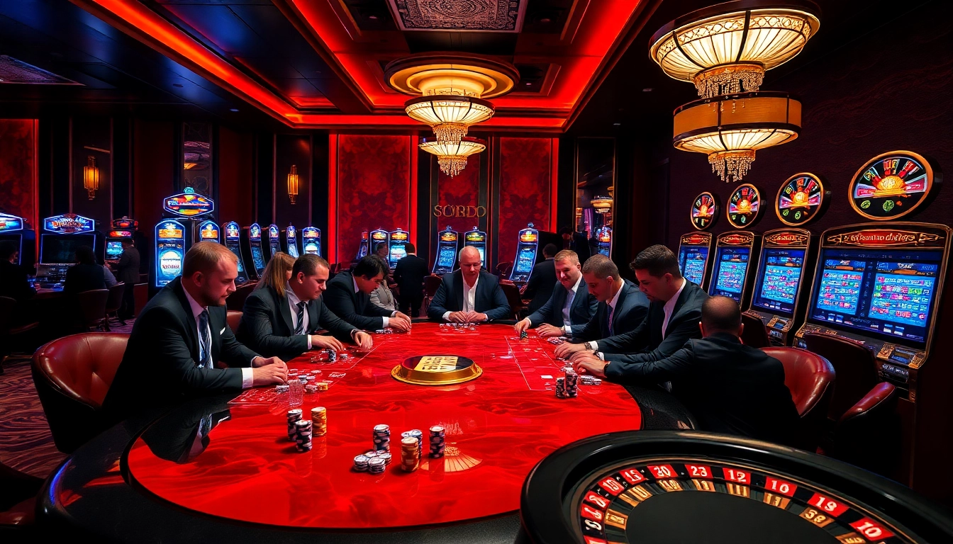 SODO casino scene with players at a poker table, showcasing gambling excitement and luxury elements.