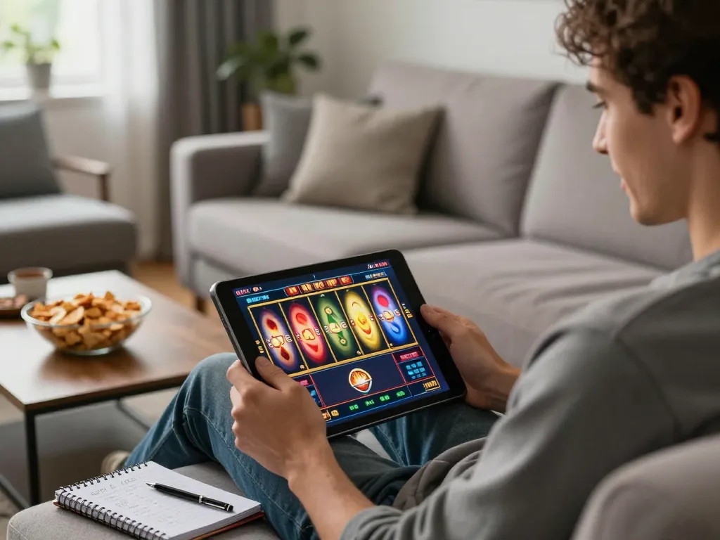 Player engaging in online slot games on tablet at home, highlighting jun88's exciting gaming experience.