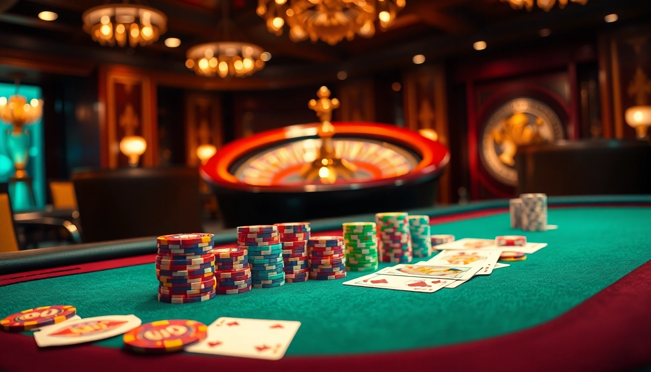 Dynamic poker action at MMOO casino with colorful chips and roulette excitement.