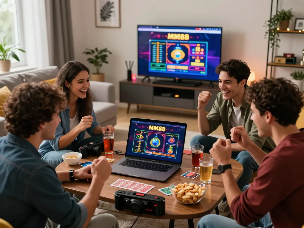 Friends enjoying online betting on MM88 in a lively living room scene.