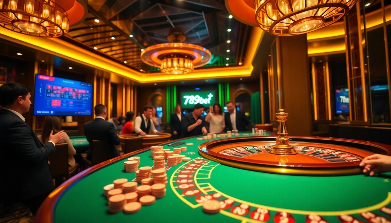 Play at a vibrant 789BET casino table featuring cards and chips in an exciting gaming atmosphere.