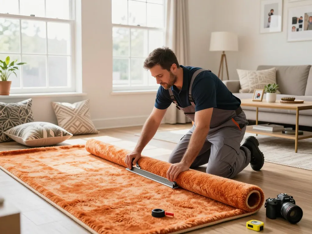 Professional carpet fitters near me installing plush carpet in a bright living room.