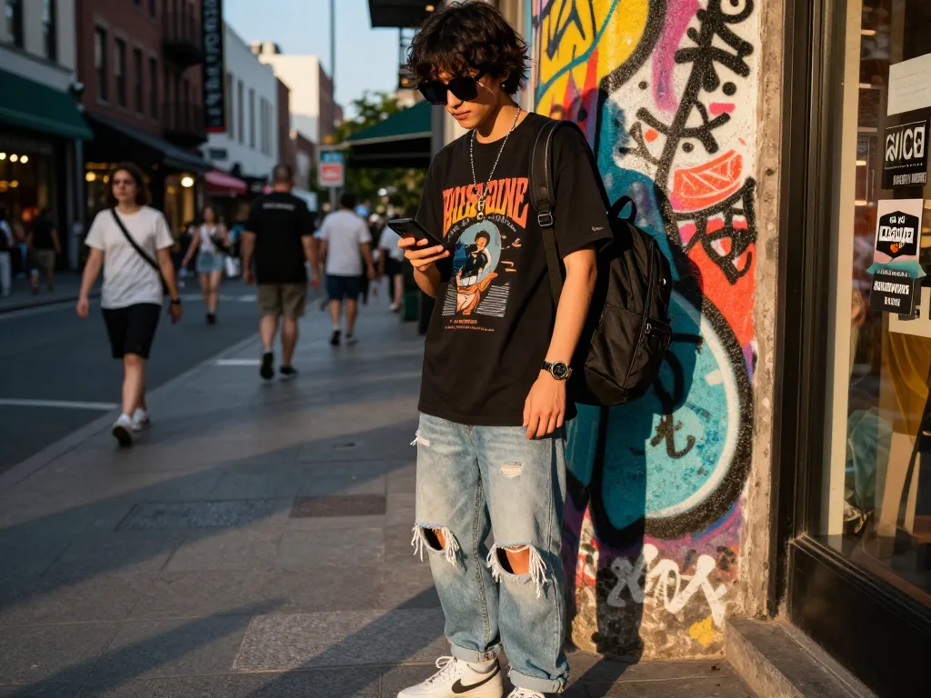 Streetwear fashion showcasing sunwin style in an urban graffiti scene with vibrant city life.
