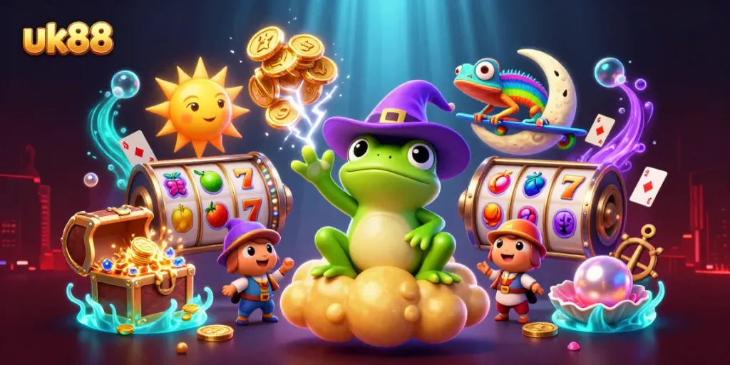Engage with uk88 casino adventures featuring golden coins, vibrant slots, and whimsical characters.