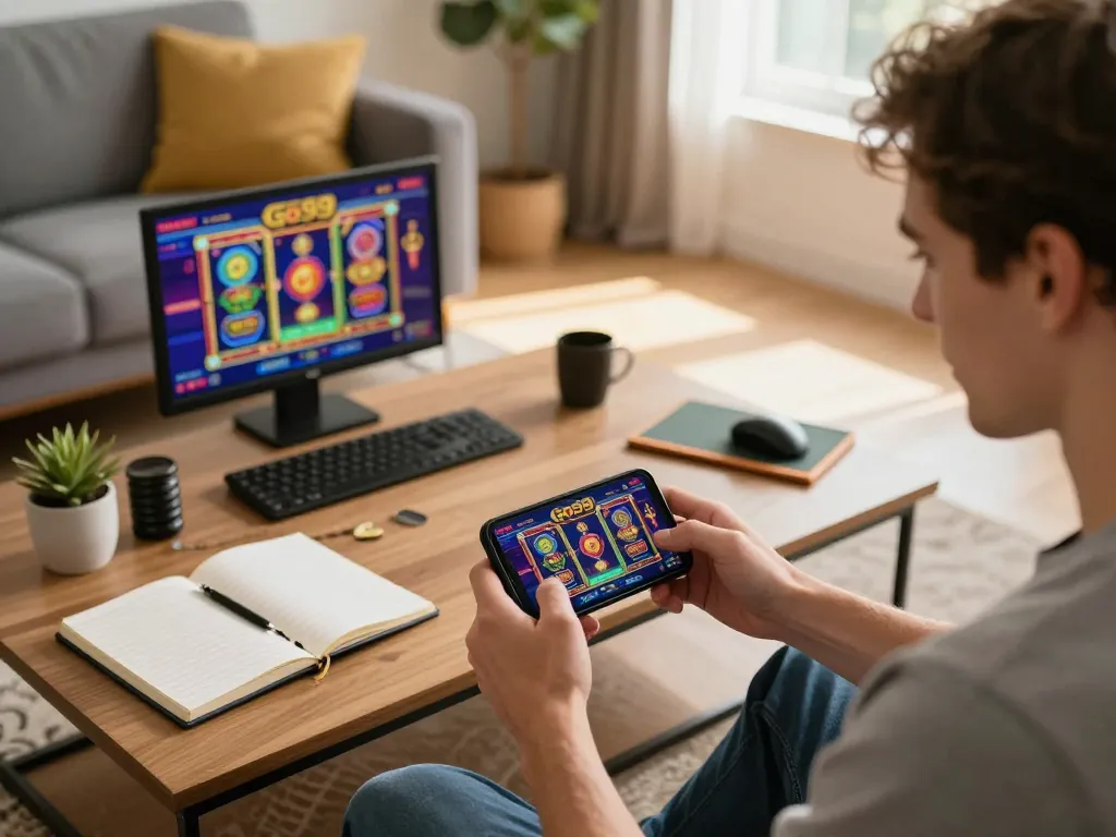 Player enjoying Go99 online gaming experience in a cozy environment with smartphone.