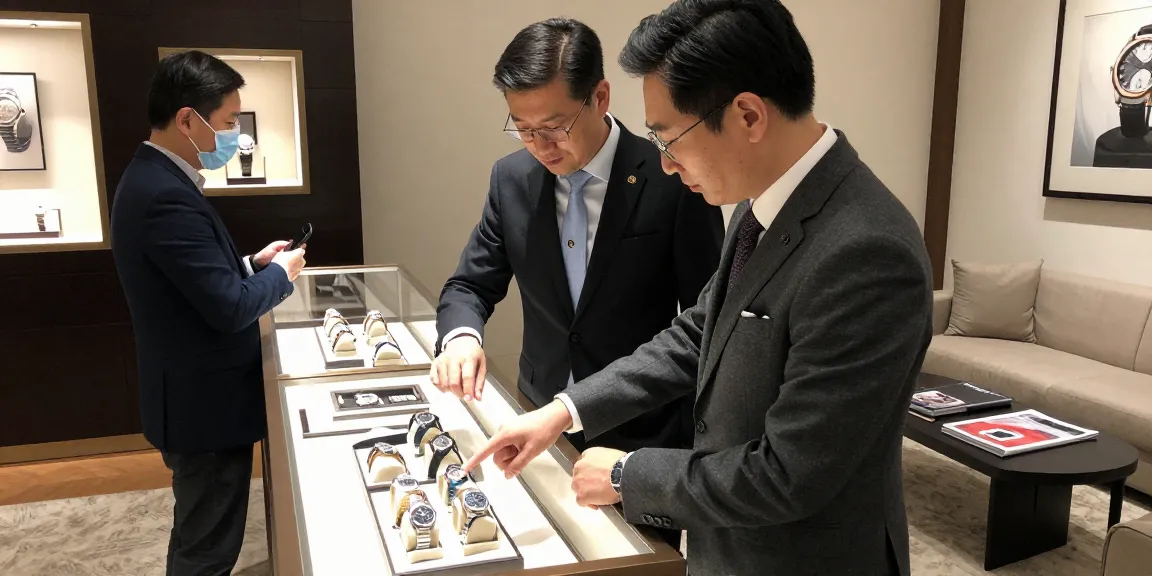 Elegant display of replica watches with expert assistance highlighting craftsmanship in a luxury showroom.