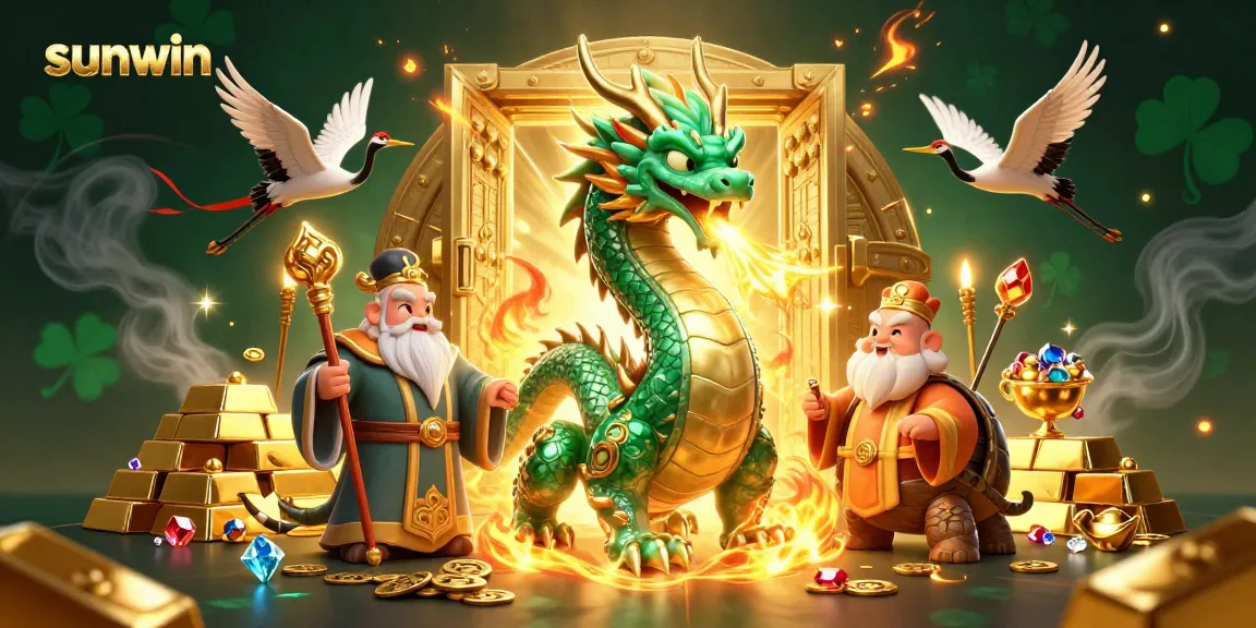 Experience thrilling gameplay at sunwin with a vibrant 3D scene featuring fortune symbols and mythical creatures.