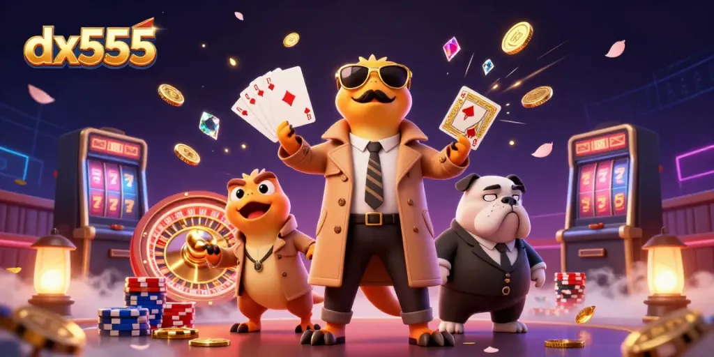 Experience winning thrills at dx555 game zones with cartoon raptors and casino excitement.