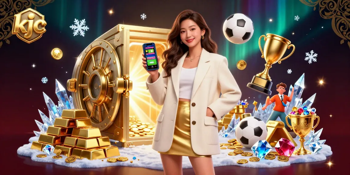 Engage in thrilling sports betting at KJC with a dynamic illustration showcasing a confident woman with a sports betting app.