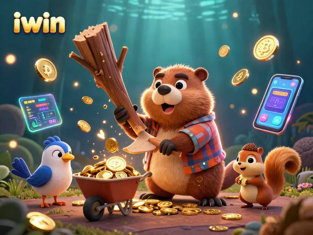 Join the iwin adventure with a playful beaver, bird, and squirrel raining coins in a vibrant casino world.