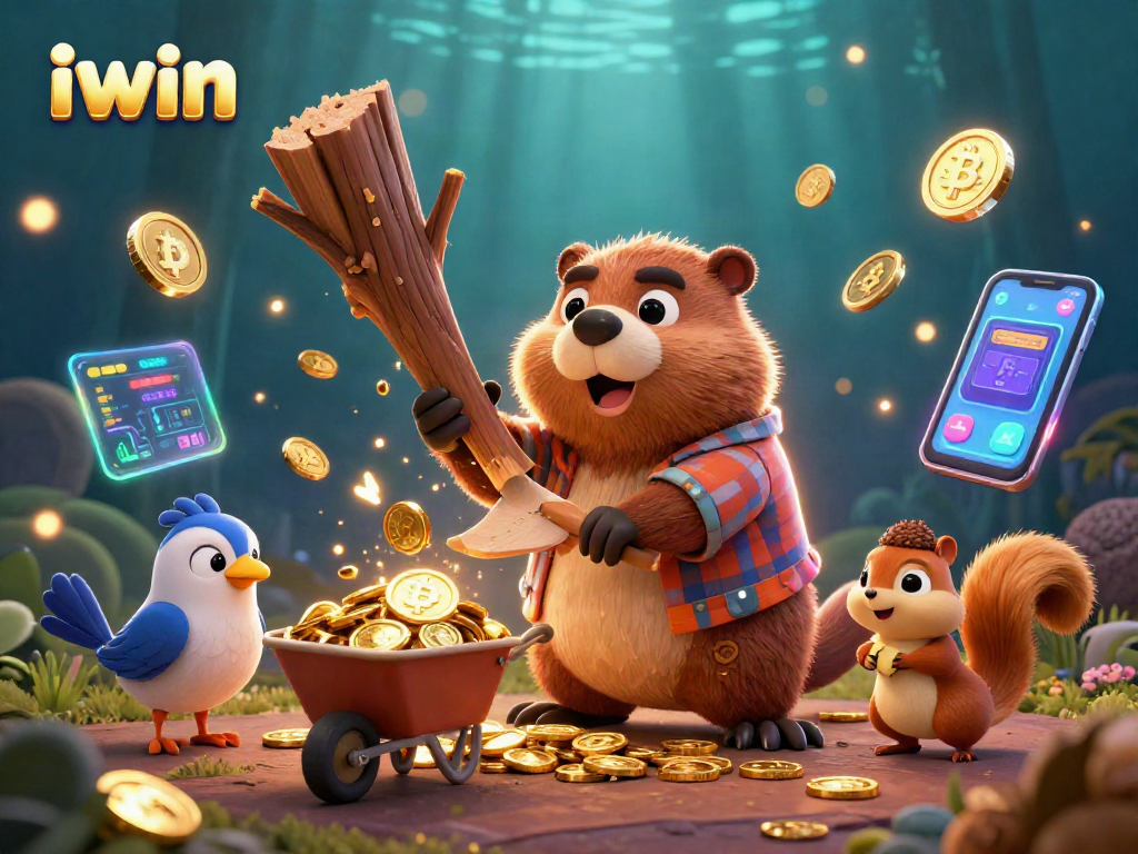 Join the iwin adventure with a playful beaver, bird, and squirrel raining coins in a vibrant casino world.