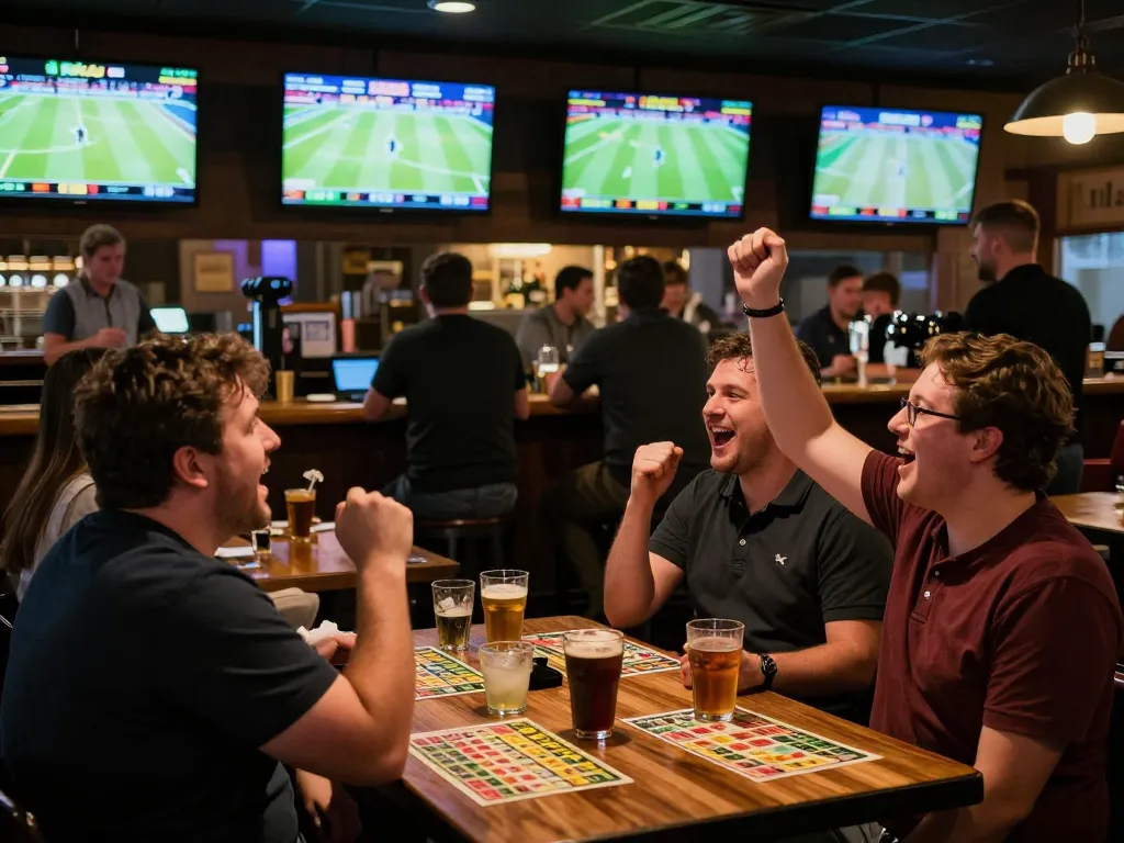 Engaged sports bettors enjoying the nowgoal experience while analyzing betting slips in a lively sports bar atmosphere
