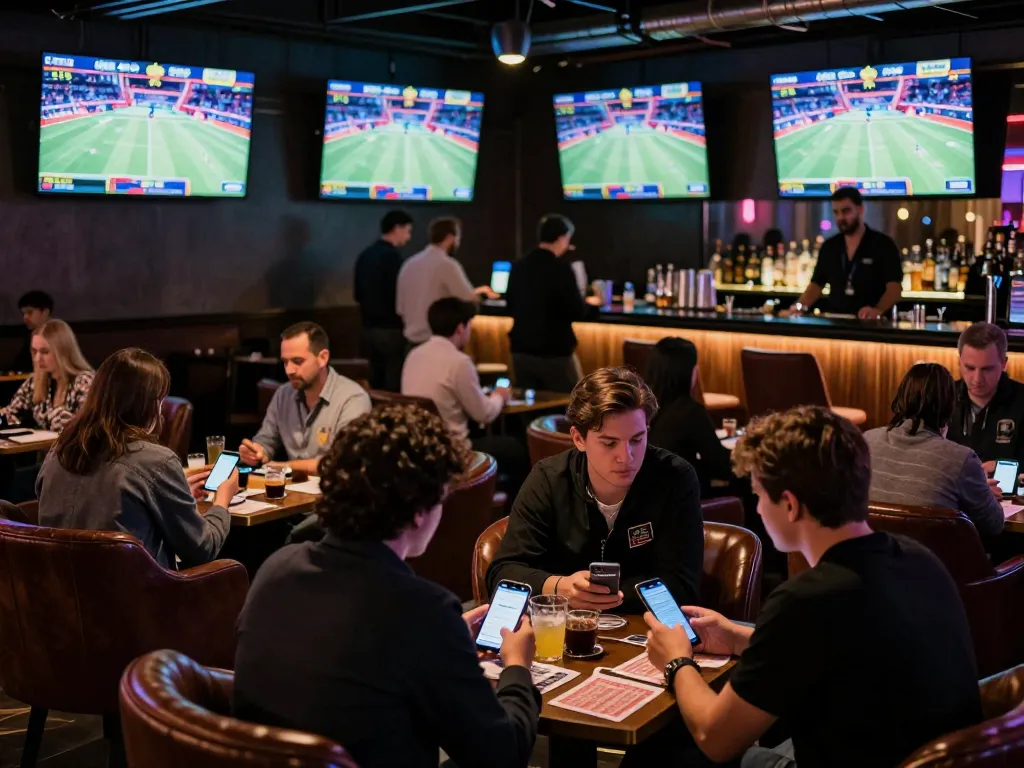 Enjoying kèo nhà cái excitement in a lively sports betting lounge with fans analyzing odds