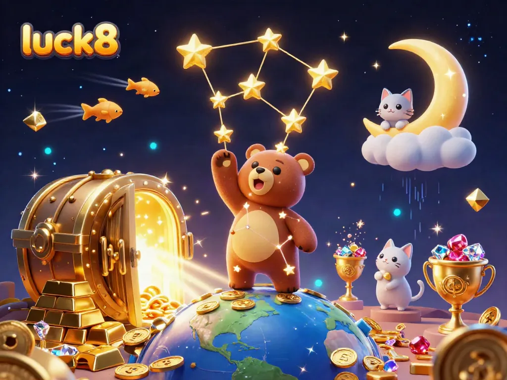 Luck8 inspires players to win big with a vibrant casino scene featuring a starry bear and treasures.