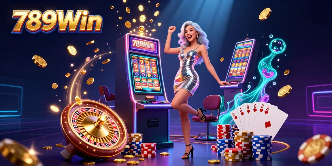 Players engage with 789Win slots, celebrating jackpots amidst a vibrant casino atmosphere.