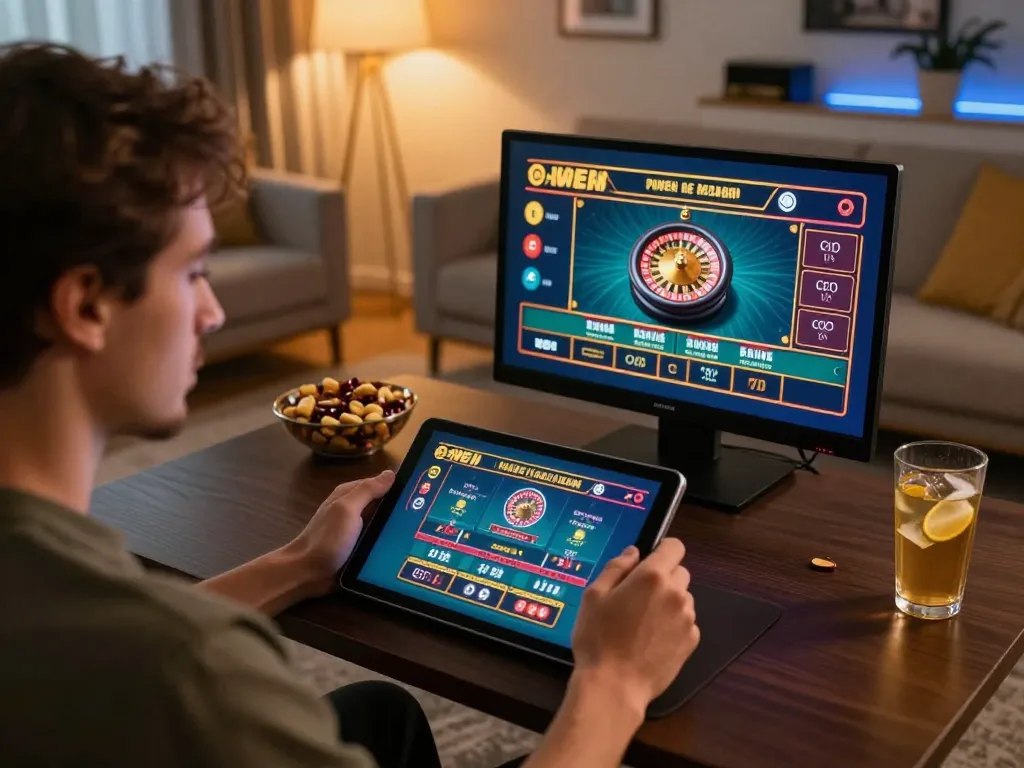 Engaging online gameplay with iwin's casino app on tablet, player strategizing bets in cozy living room.