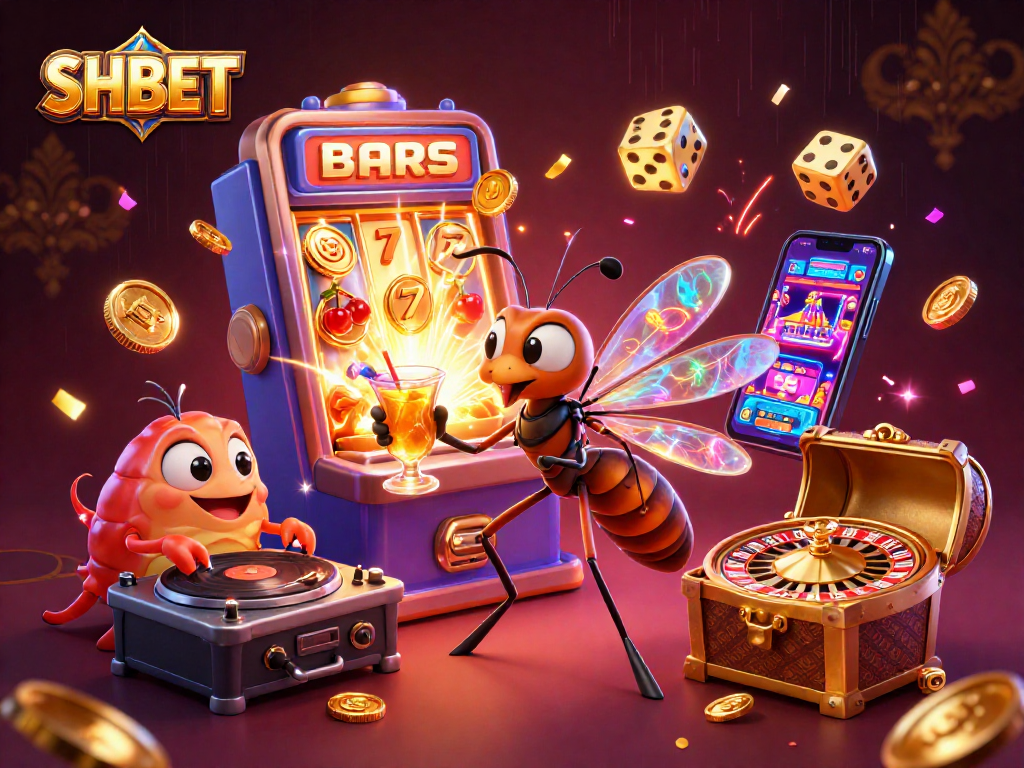 SHBET mascot and characters celebrating with jackpot coins and a colorful casino atmosphere.