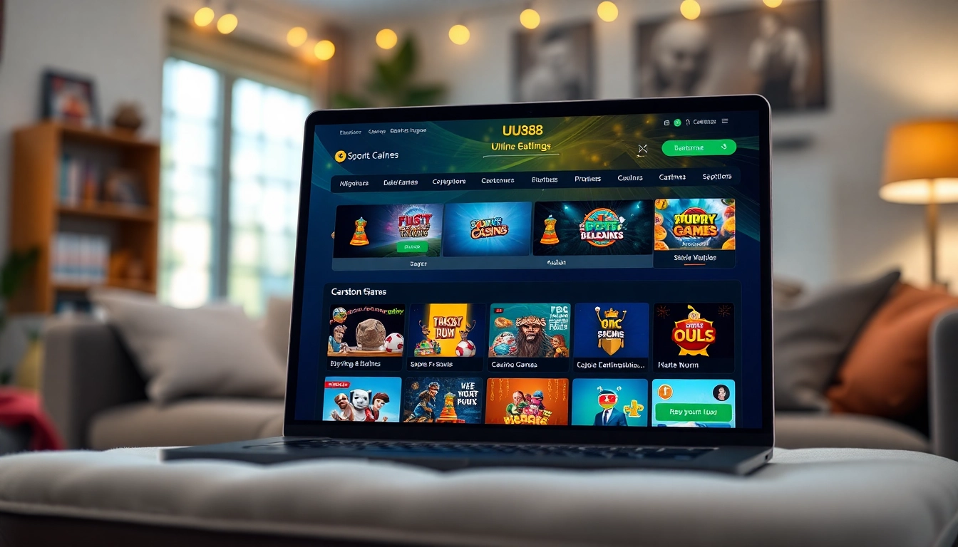 UU88 online betting platform showcasing diverse games on a laptop.