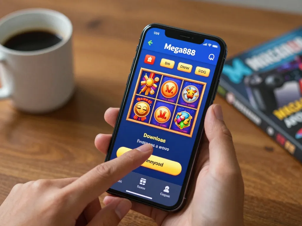 Download aplikasi mega888 on a smartphone with vibrant casino games interface in a cozy home environment.