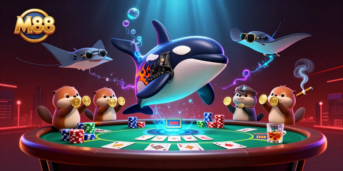 M88 casino members enjoying a vibrant poker game with animated characters in a colorful underwater scene