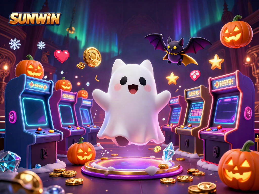 Experience exciting gameplay at SUNWIN with ghost cats and glowing poker elements in a haunted casino scene.