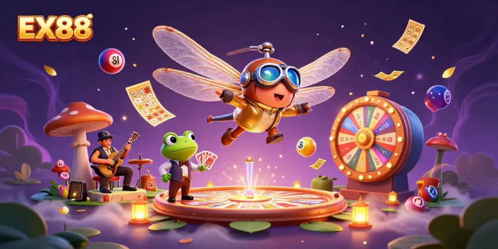 Experience exciting gameplay at EX88 with a lively illustration of casino action featuring dynamic characters.
