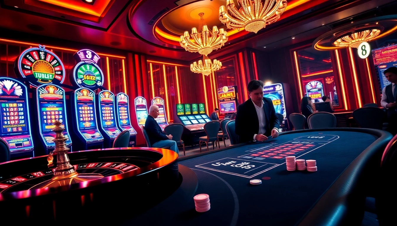 Exciting casino scene at Luck8 featuring roulette and poker tables with professional dealers.