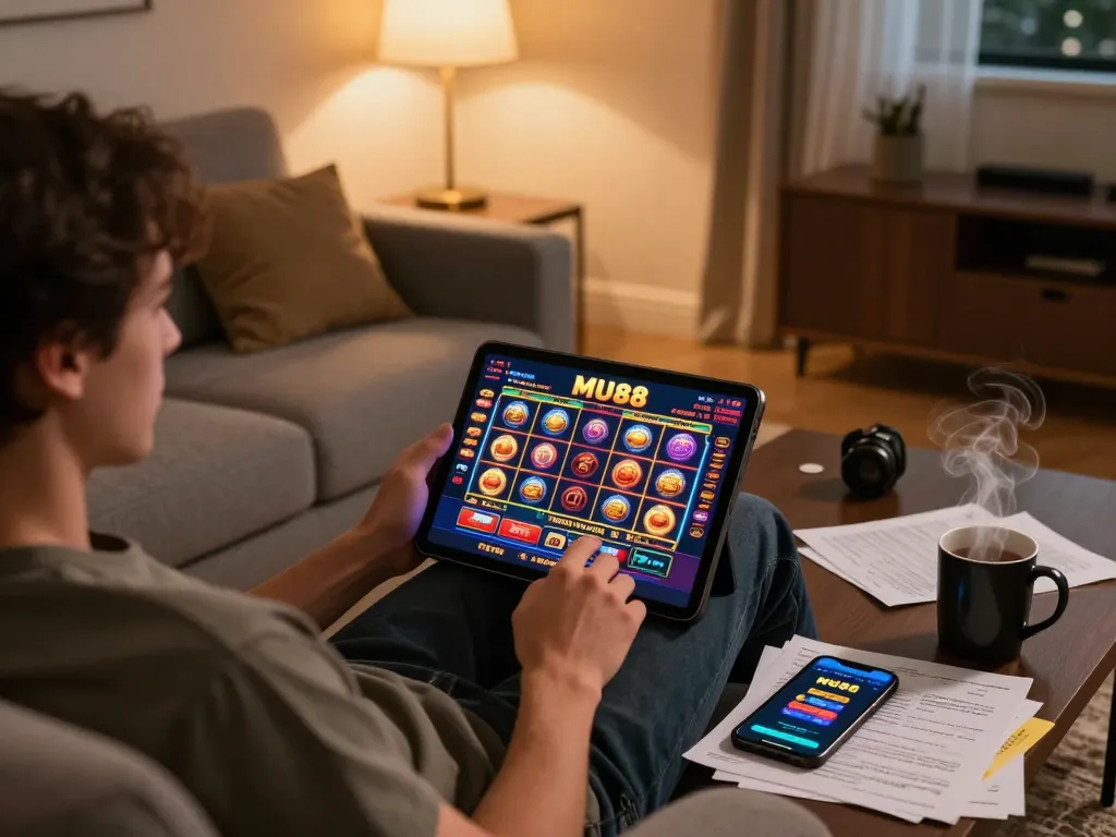 Engaging with MU88 casino app on tablet, casual home gaming setting with strategic notes.