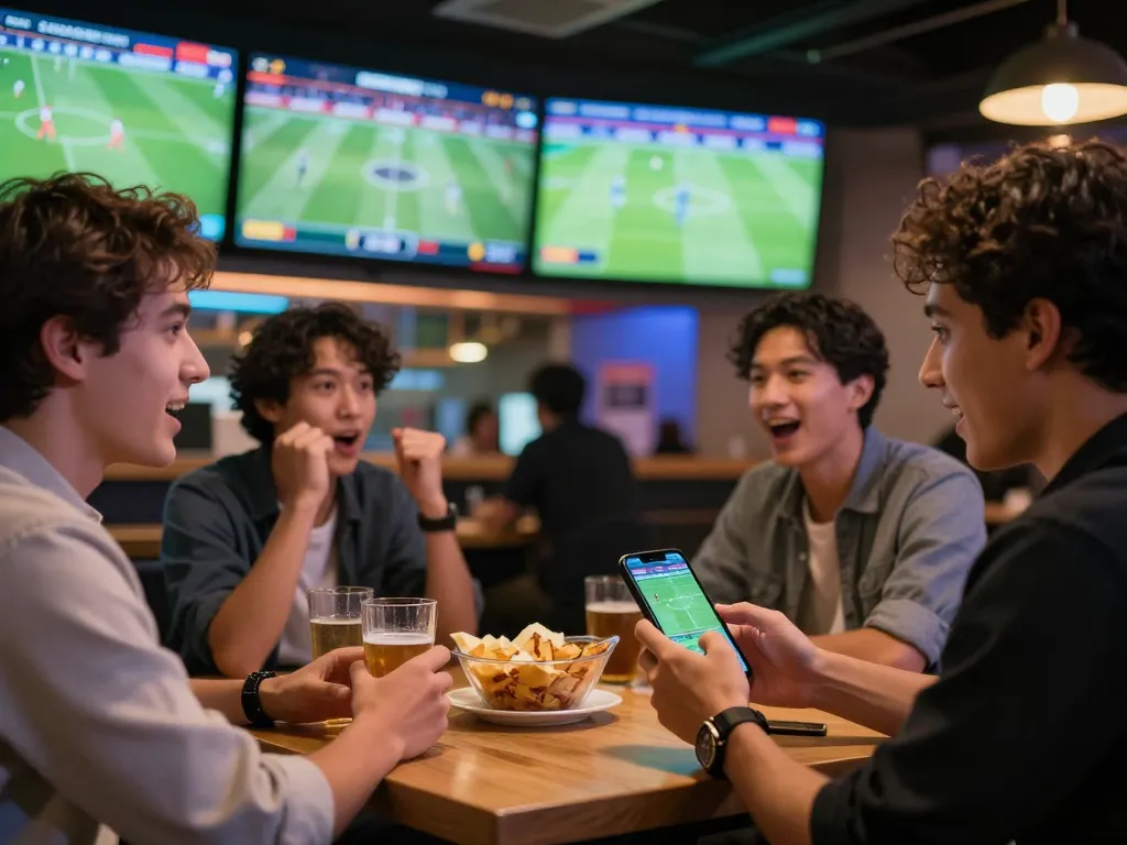 Excited sports fans engaging with kèo bóng đá odds on smartphones while watching football.