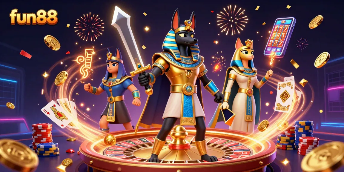 Fun88 casino showcase featuring Anubis and Bastet amidst vibrant gaming elements and treasures.