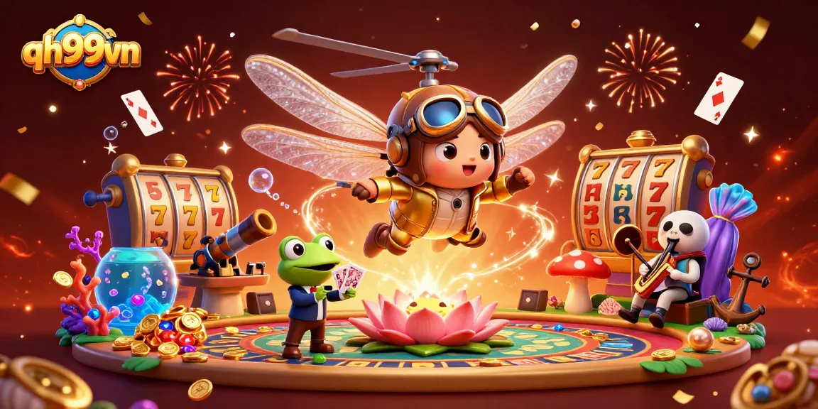Engage in thrilling games at qh99vn with a vibrant casino scene featuring unique characters.