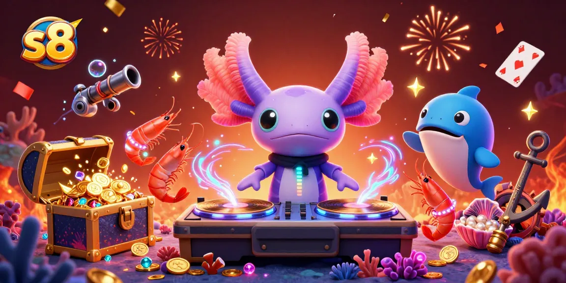 Engage in exciting gameplay at s8, featuring a neon axolotl DJ and colorful casino elements.