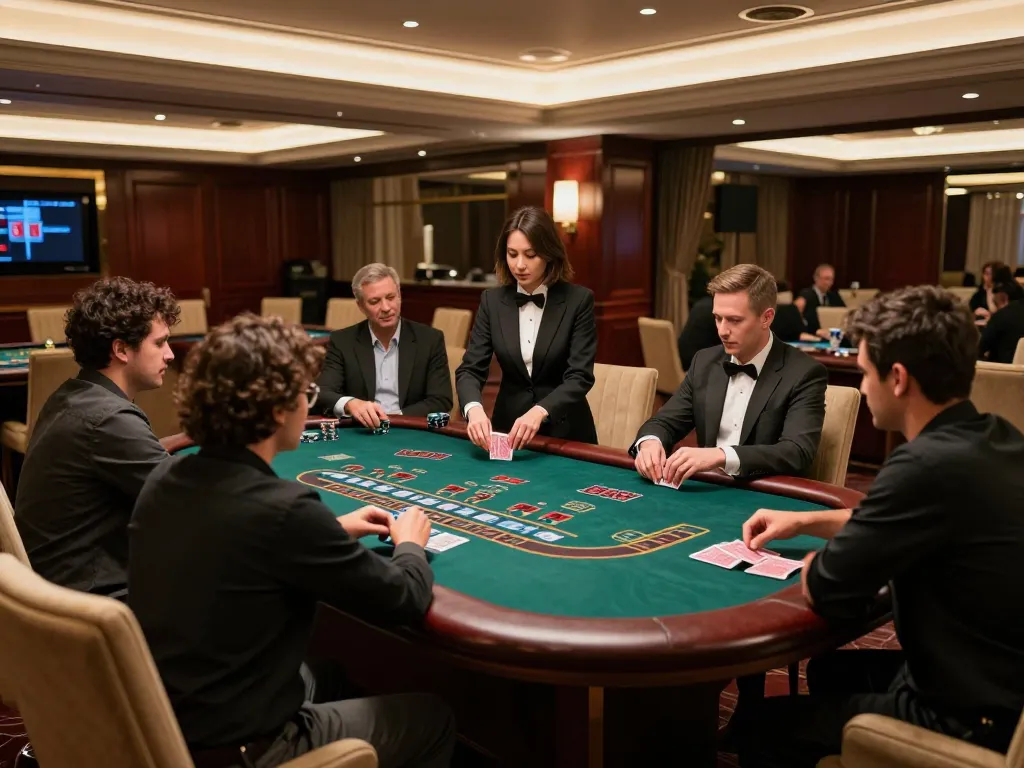 Players engaging in blackjack at u888's upscale casino with a professional dealer.