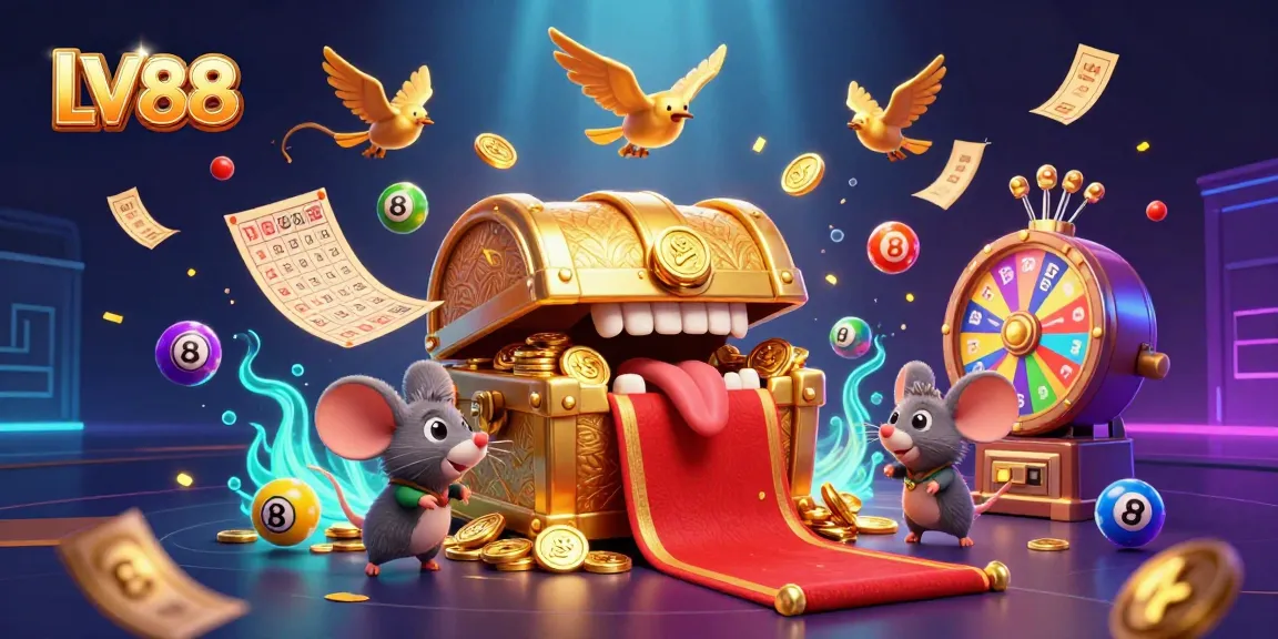 Experience the thrill of LV88 with vibrant numbers and golden treasures in this casino-themed illustration.