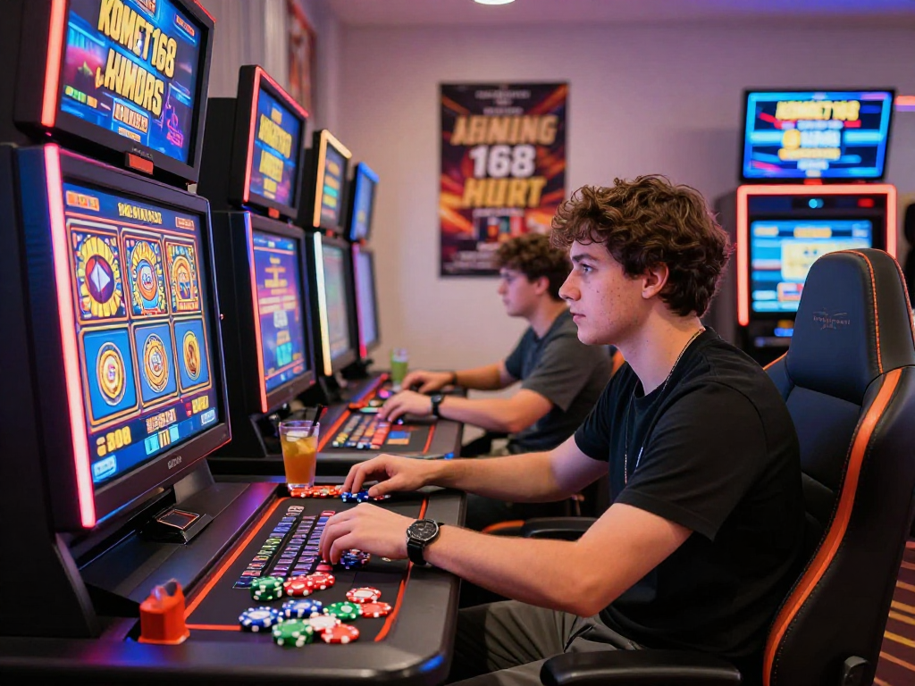 KOMBET168 online casino player engaging in vibrant slot games amidst an inviting atmosphere.