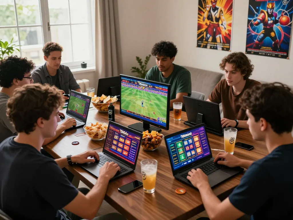 Group of friends enjoying online betting on 789win.com with festive snacks and vibrant screens in a lively atmosphere.