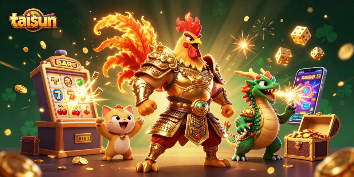 Taisun features a dynamic scene with a samurai rooster warrior, dragon hatchling, and a fortune cat amidst a burst of casino elements.