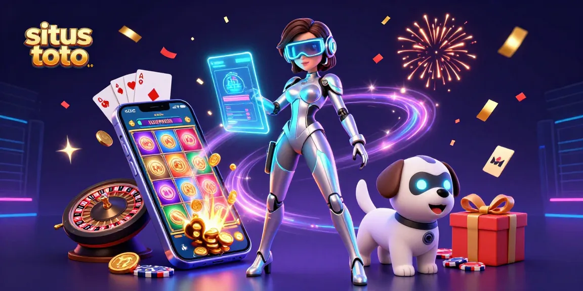 Situs toto offers a vibrant gaming experience with a futuristic woman and robot in a rich, celebratory casino scene.