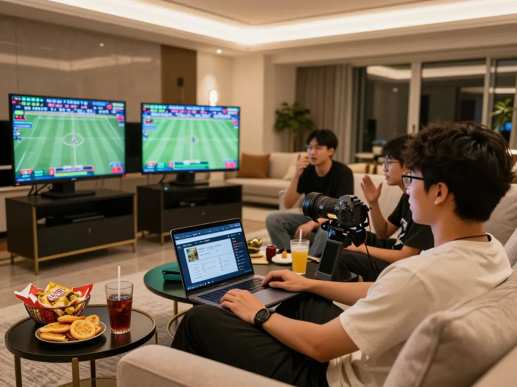 Engaged sports bettors analyzing odds on keonhacaii88 with devices and snacks in a cozy setting.