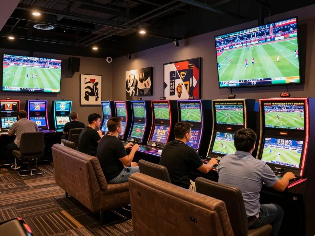 Experience the excitement of live sports betting at Ta88, with patrons actively placing wagers amid dynamic screens.
