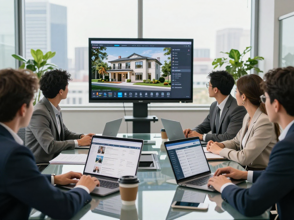 Real estate agents collaborating with IDXSTAR technology for market analysis and property listings