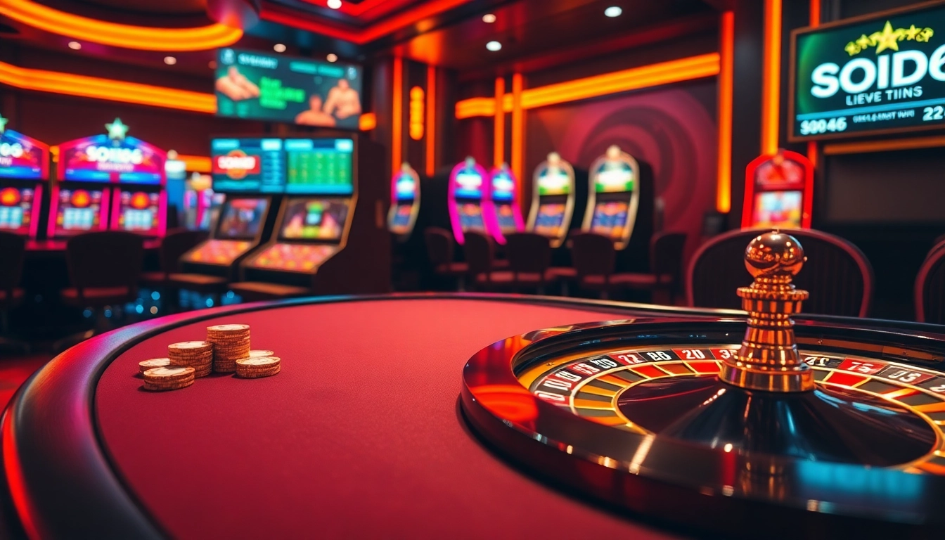 SODO66 reveals a luxurious online casino experience with vibrant slot machines and a gleaming poker table.