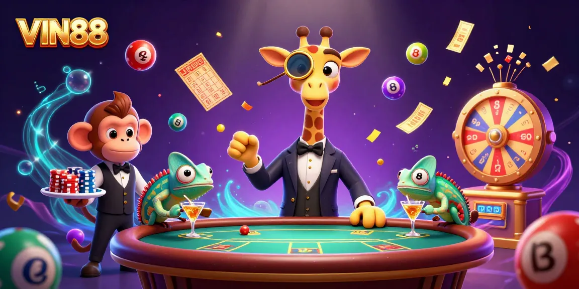 Experience the thrill of VIN88 with a high-roller giraffe and exciting gaming elements in a vibrant casino scene.