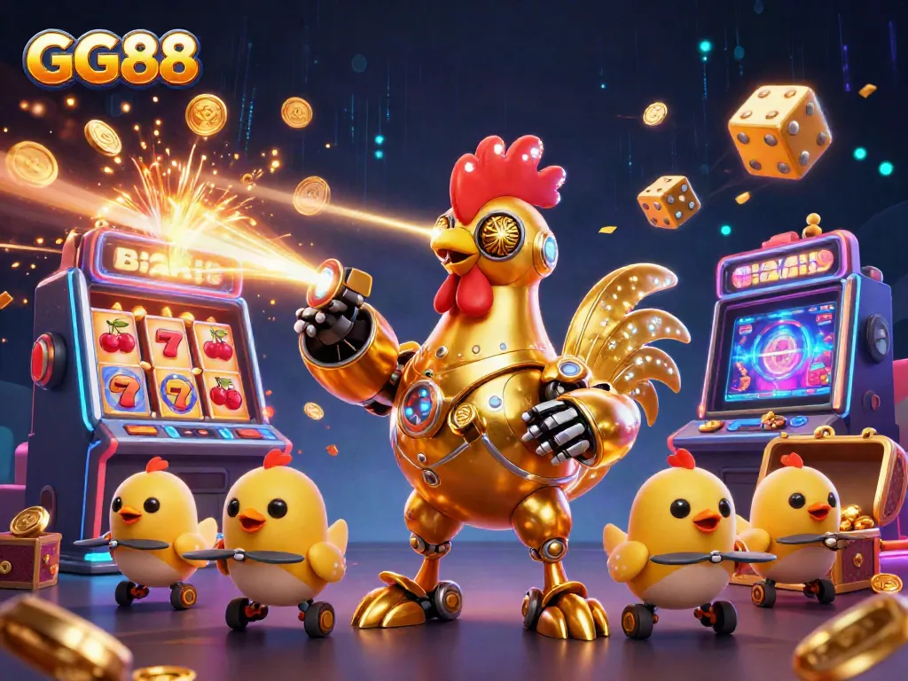Experience GG88 with a thrilling scene of a golden rooster robot and baby chick drones in a dynamic casino atmosphere.