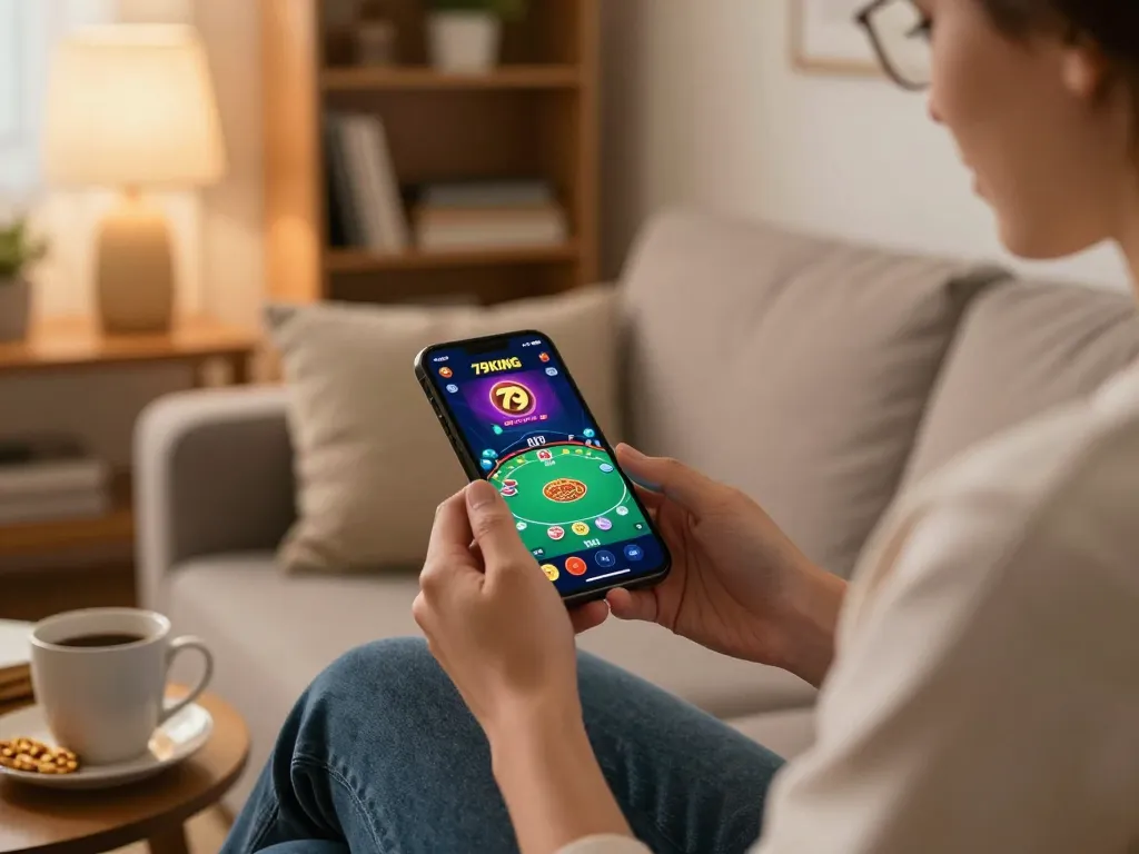 Engaged player using the 79KING mobile app for online poker gaming.